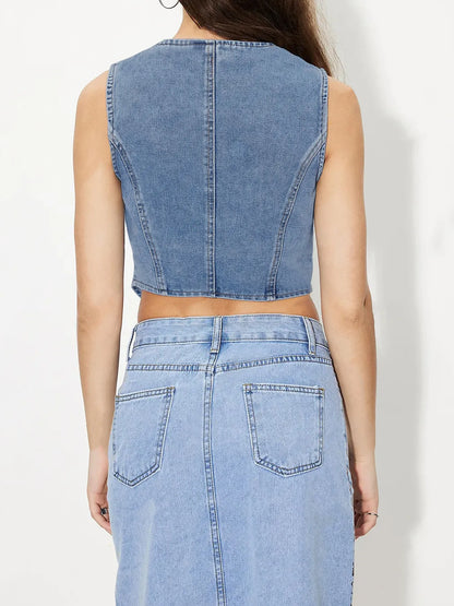 Button-Up Sleeveless Denim Vest Easy Apparels