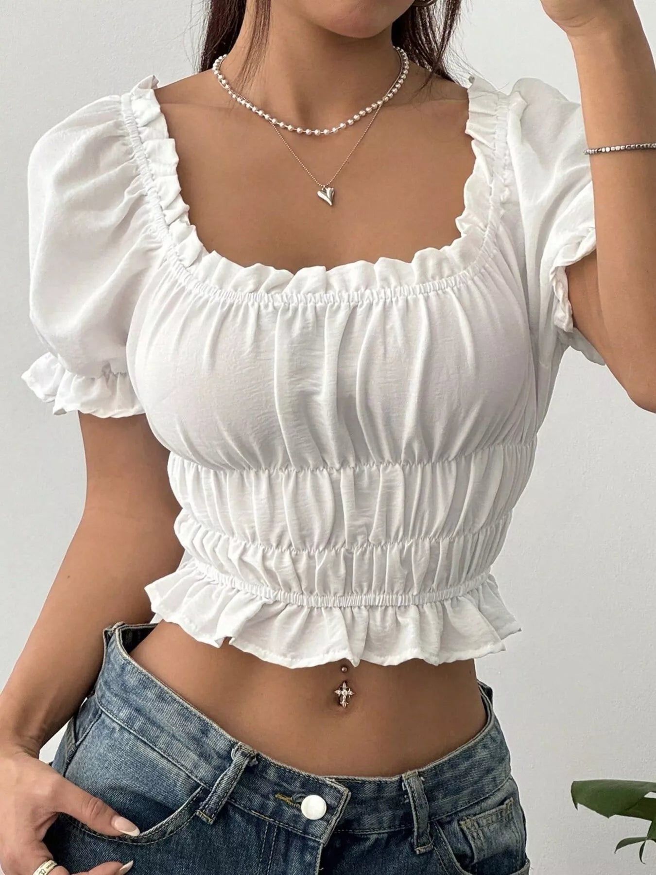 Frill Ruffled Hem Puff Sleeve Crop Blouse White Easy Apparels