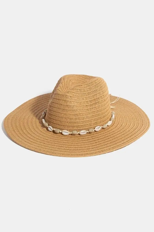 Fame Shell Beaded Wide Brim Straw Hat Khaki One Size Easy Apparels