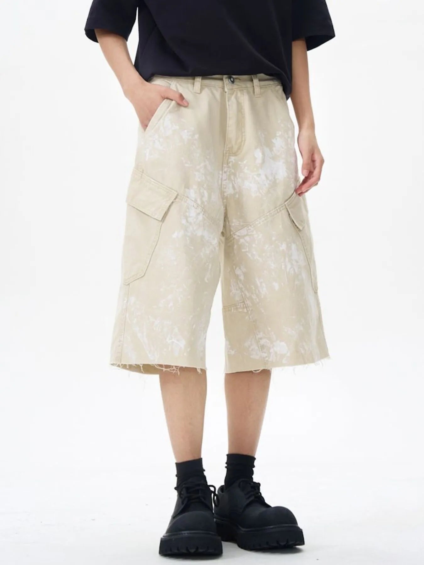 Men's Paint Splattered Cargo Bermuda Shorts with Distressed Edge Detail Easy Apparels