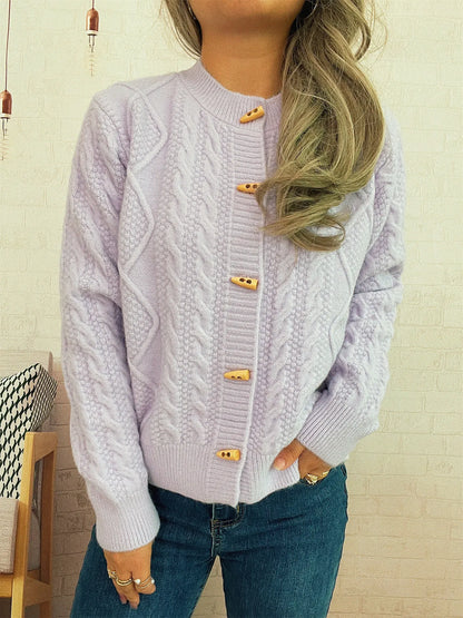 Cable Knit Button-Up Cardigan Purple One Size Easy Apparels