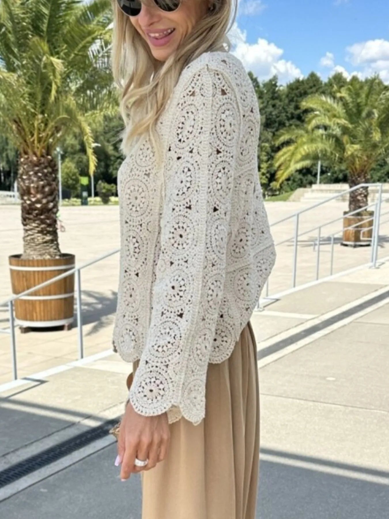 Trendsi Crochet Lace V-Neck Bell Sleeve Knit Top