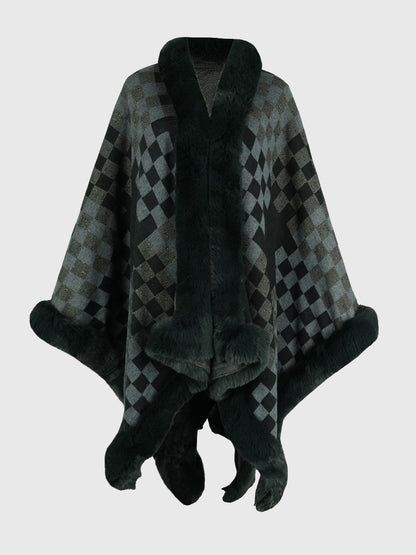 Checkered Faux Fur Trim Poncho Sage One Size Easy Apparels