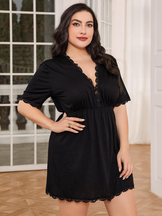 Plus Size Lace Trim Deep V Night Dress Black Easy Apparels