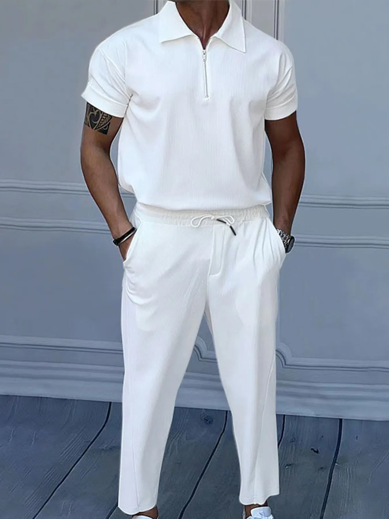 Men's Full Size Quarter Zip Short Sleeve Polo and Pants Set Plus Size White Easy Apparels