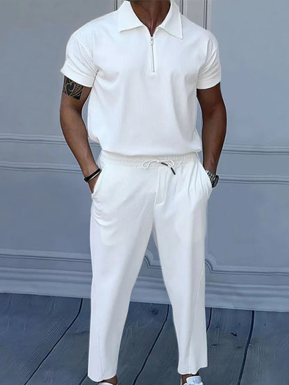 Men's Full Size Quarter Zip Short Sleeve Polo and Pants Set Plus Size White Easy Apparels