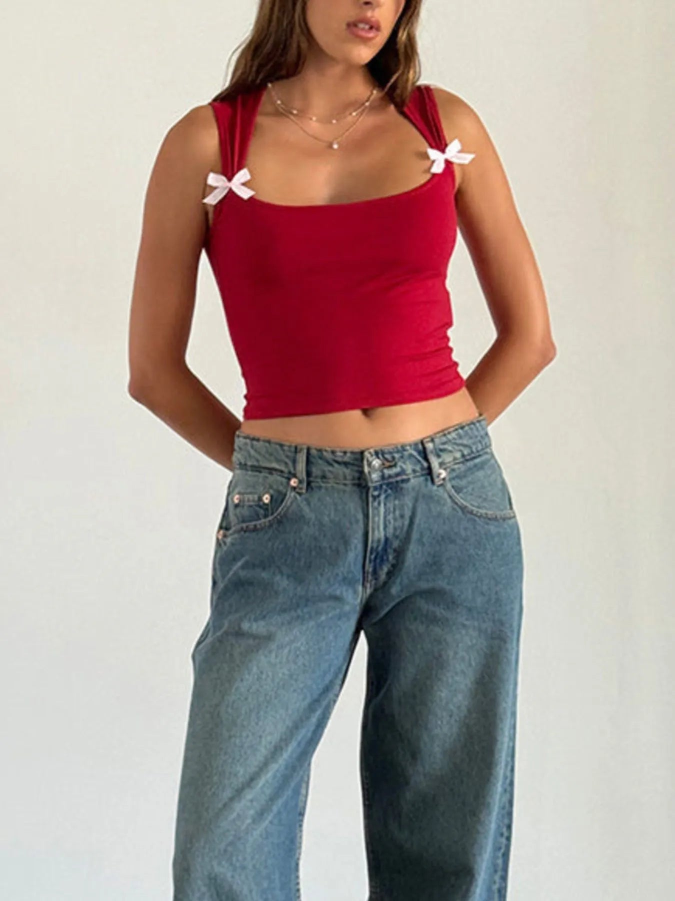 Trendsi Bow Detail Square Neck Cropped Tank