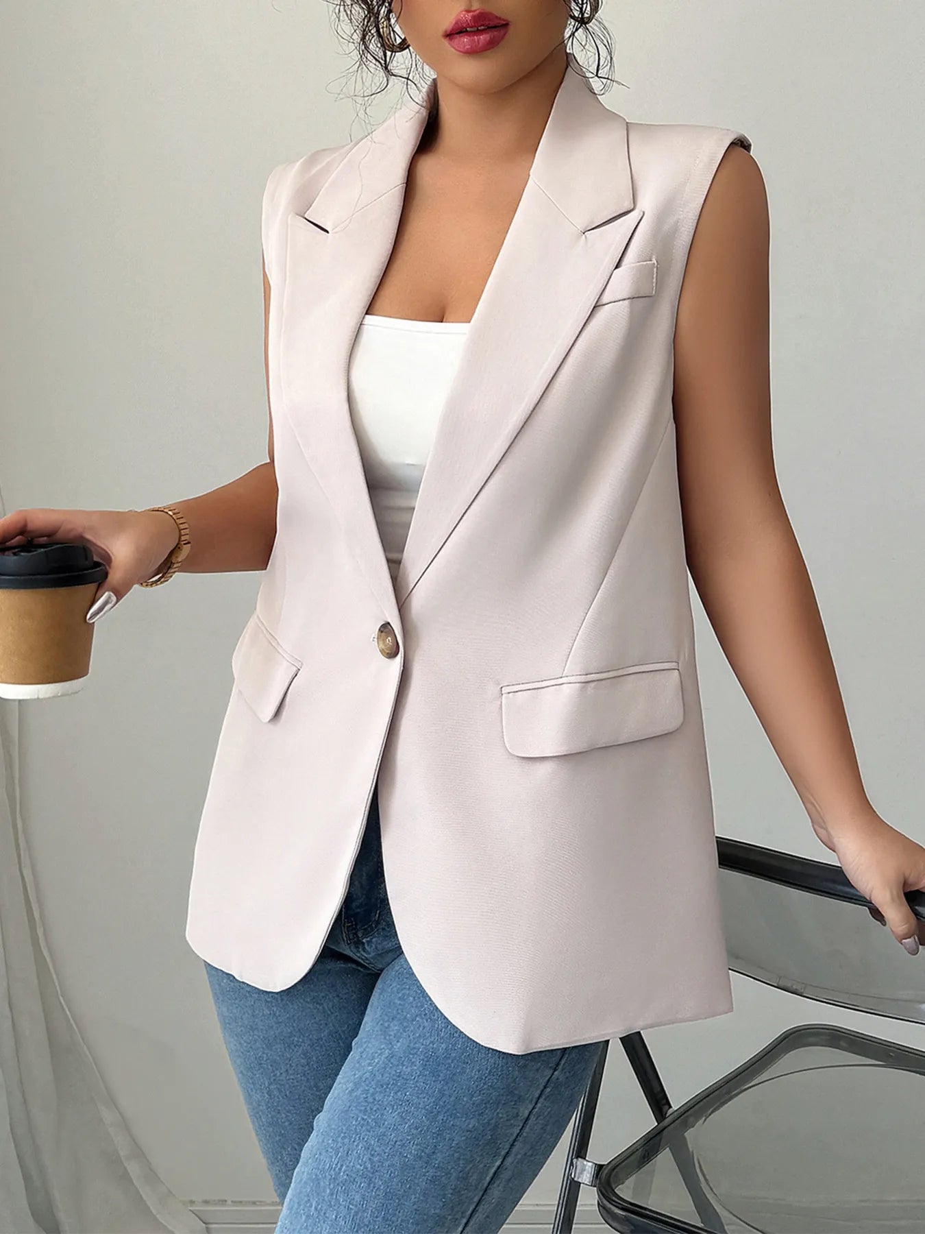 One Button V-Neck Blazer Vest Coat Apricot Easy Apparels