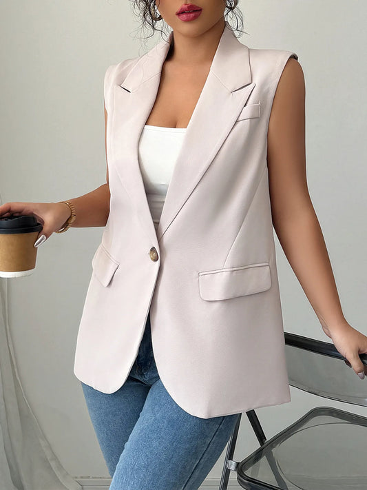 One Button V-Neck Blazer Vest Coat Apricot Easy Apparels