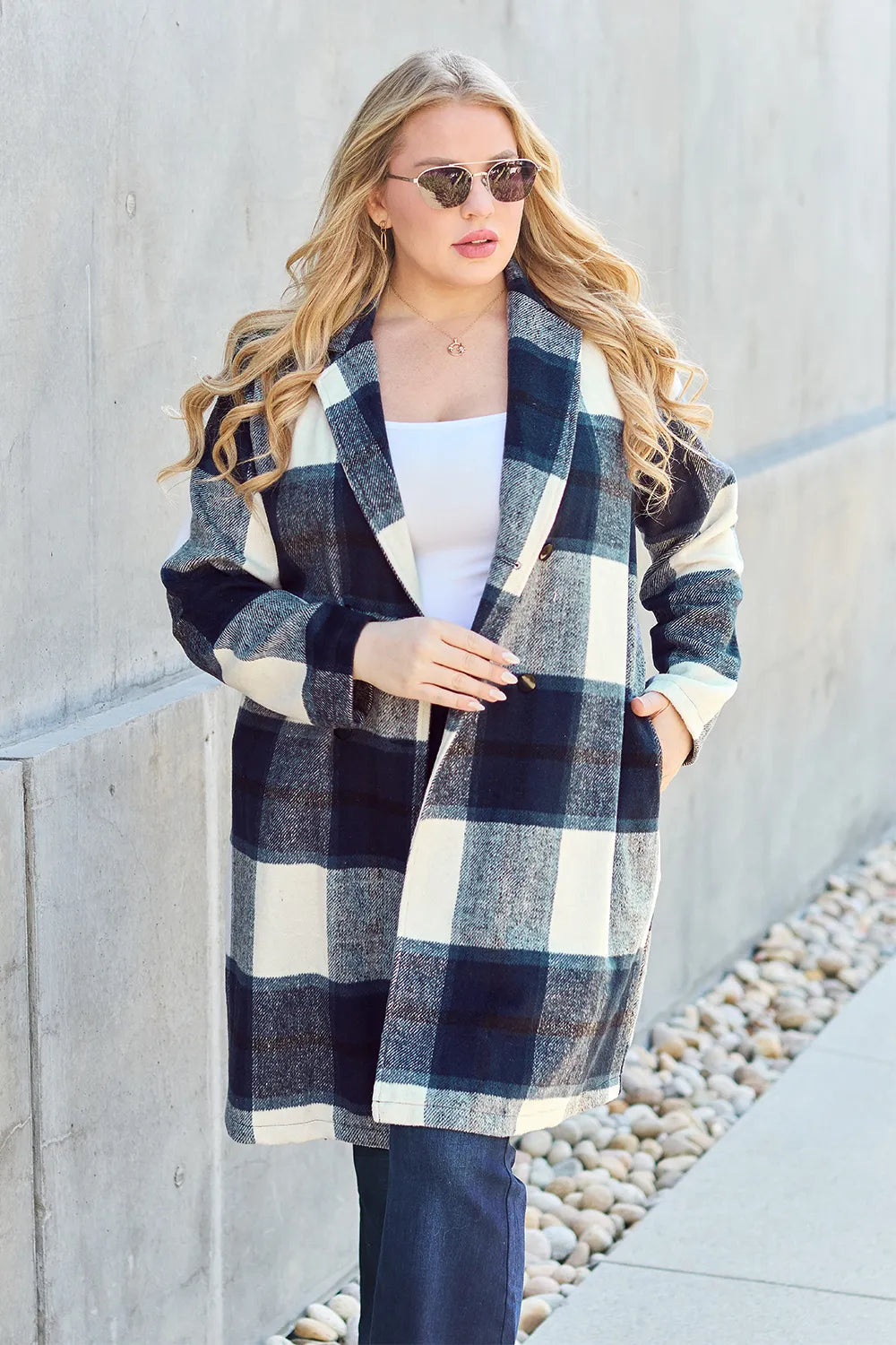 Double Take Full Size Plaid Button Up Lapel Collar Coat Easy Apparels