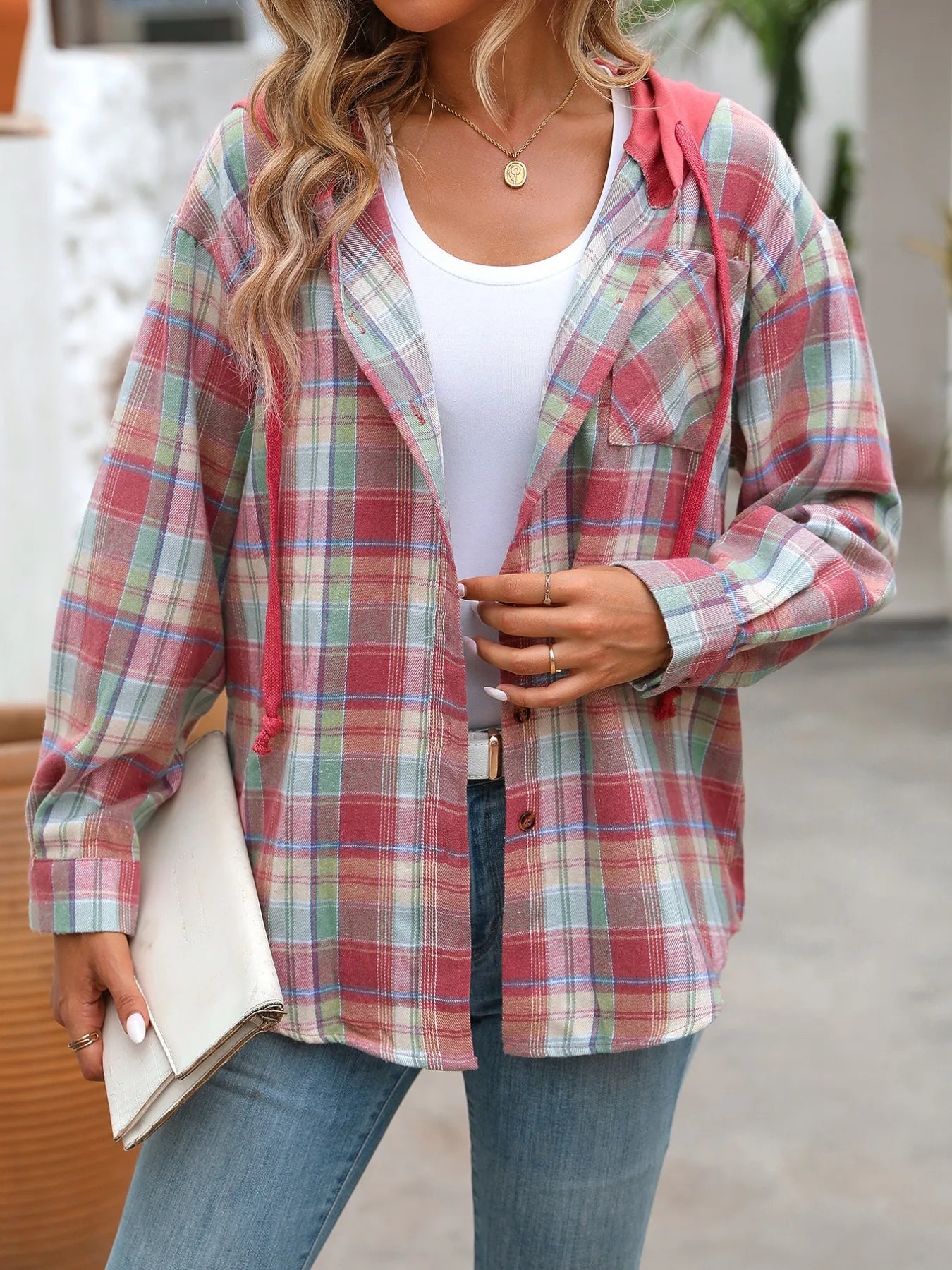 Trendsi Plaid Button-Up Hooded Shirt