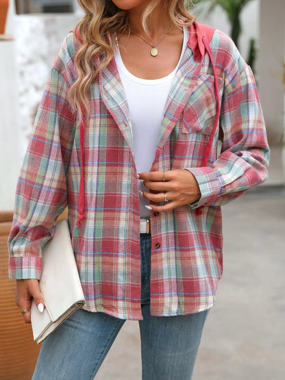 Trendsi Plaid Button-Up Hooded Shirt
