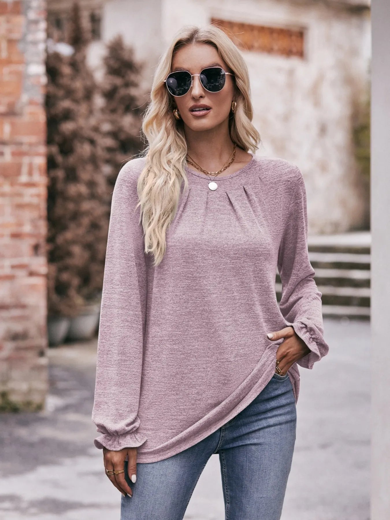 Trendsi Round Neck Long Sleeve Casual T-Shirt