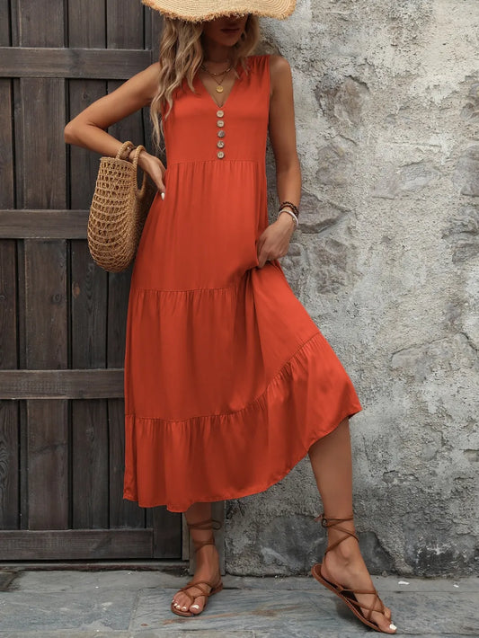 Ivy Lane Decorative Button Notched Sleeveless Dress Orange-Red Easy Apparels