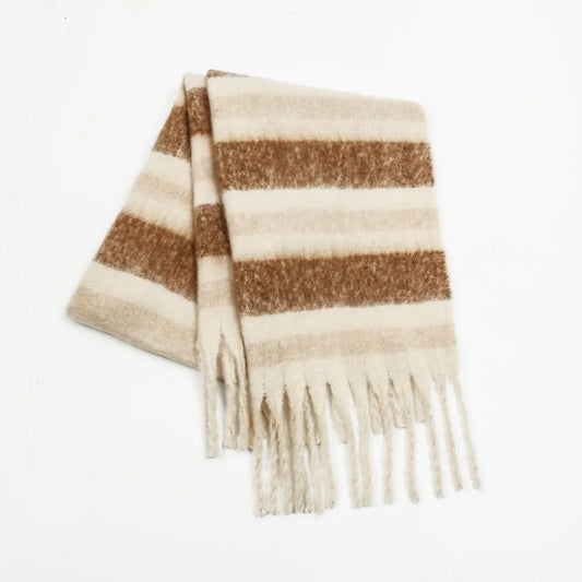 Fringe Contrast Striped Polyester Scarf Cream One Size Easy Apparels
