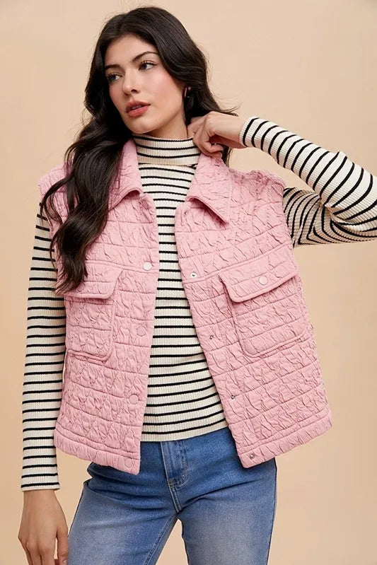 Annie Wear Texture Quilted Snap Down Vest Coat Blush Pink Easy Apparels