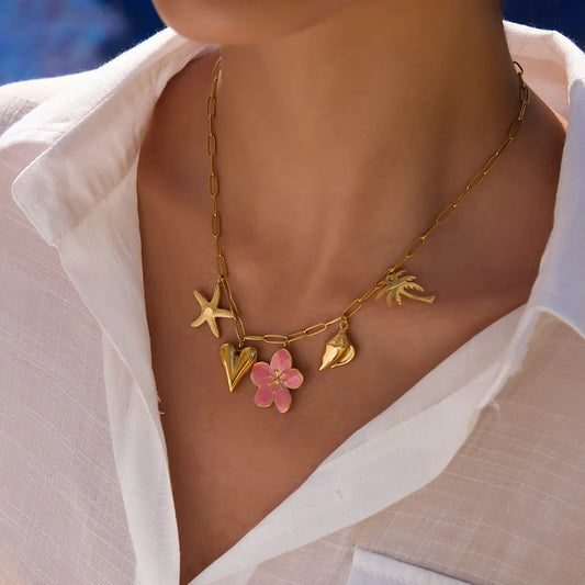 Beach Theme Pendant Necklace with Resin Flower Gold One Size Easy Apparels