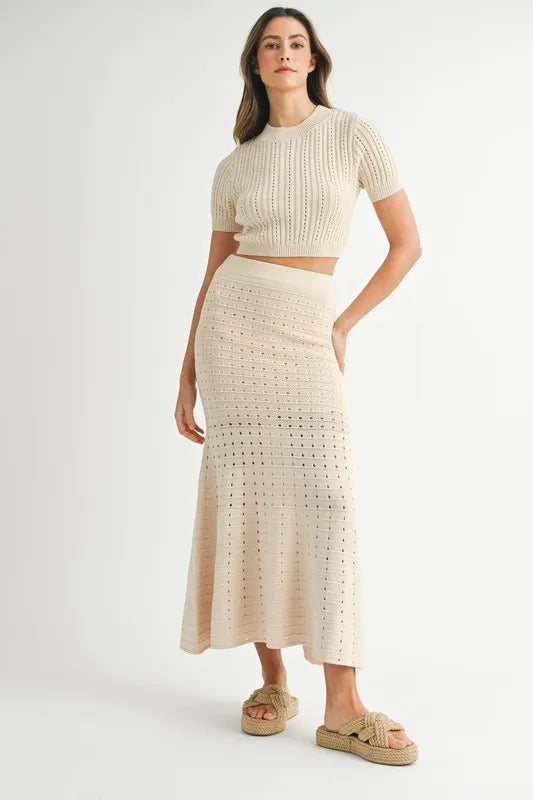 MABLE Pointelle Short Sleeve Crop Top and Slit Skirt Sweater Set Cream Easy Apparels