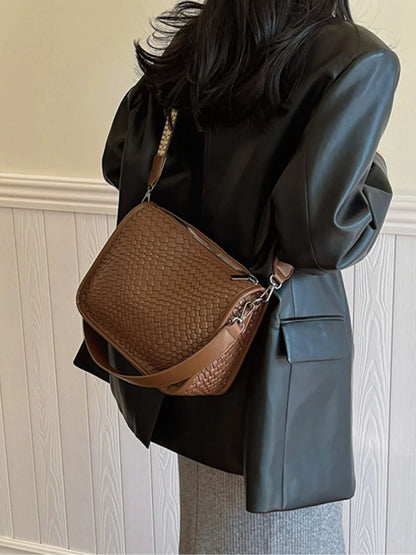Textured Leather Shoulder Bag Brown One Size Easy Apparels