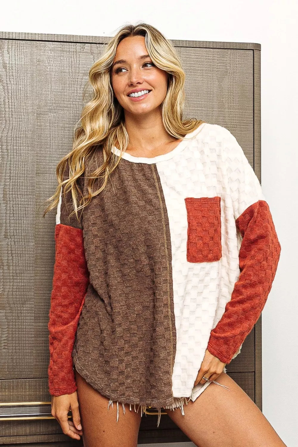Trendsi BiBi Color Block Brushed Checker Top