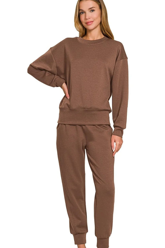 Zenana Scuba Crewneck Pullover & Joggers 2 Pieces Set BROWN Easy Apparels