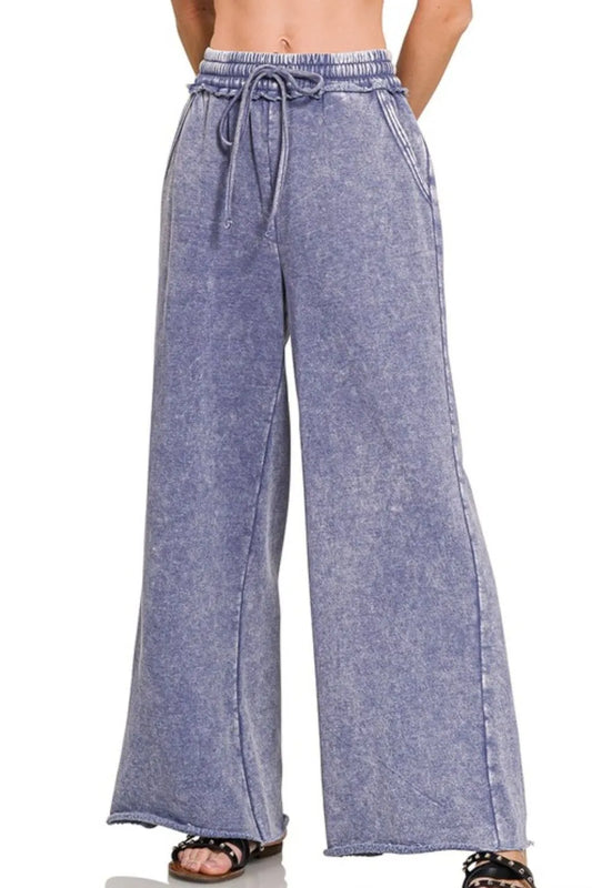 Zenana Acid Wash Fleece Palazzo Sweatpants with Pockets MARLIN Easy Apparels