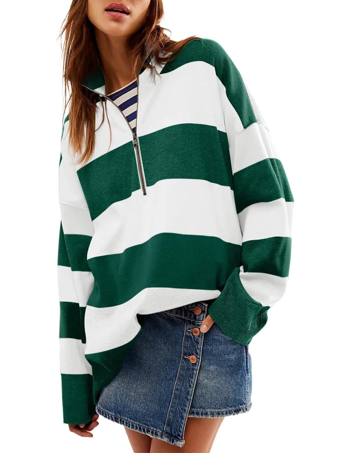 Trendsi Striped Half-Zip Oversized Sweatshirt