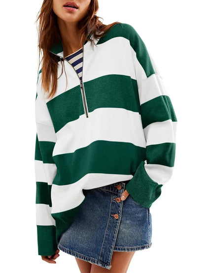Trendsi Striped Half-Zip Oversized Sweatshirt