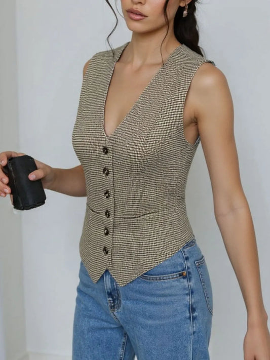 Plaid Button Down Vest Mocha Easy Apparels