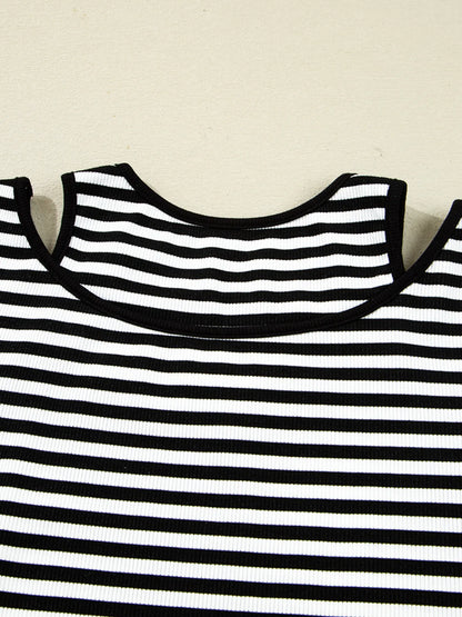 Trendsi Stripe Double-layer Cold Shoulder Long Sleeve Top