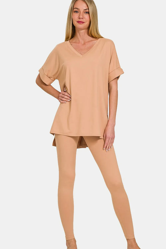 Zenana Full Size V-Neck Rolled Short Sleeve T-Shirt and Leggings Lounge Set DK Brush Easy Apparels
