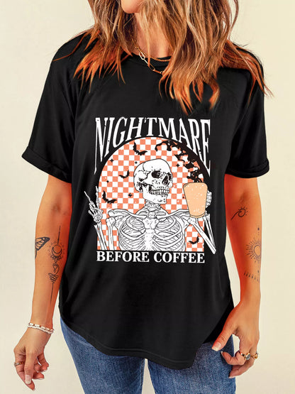 Halloween Skull Checkerboard Graphic Round Neck Tee Easy Apparels