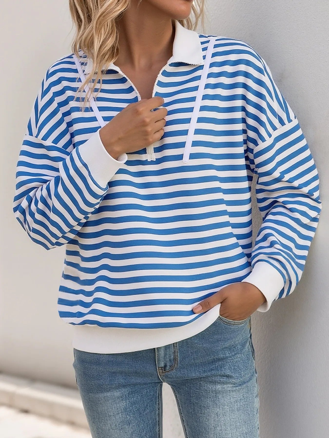 Trendsi Striped Quarter Zip Long Sleeve Hoodie