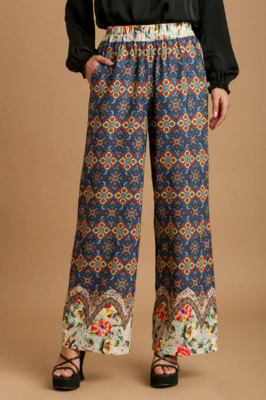Umgee Full Size Mixed Print Elastic Waistband Pants Plus Size TEAL MIX Easy Apparels