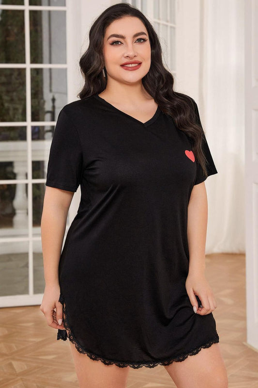 Plus Size Lace Trim V-Neck Short Sleeve Night Dress Black Easy Apparels