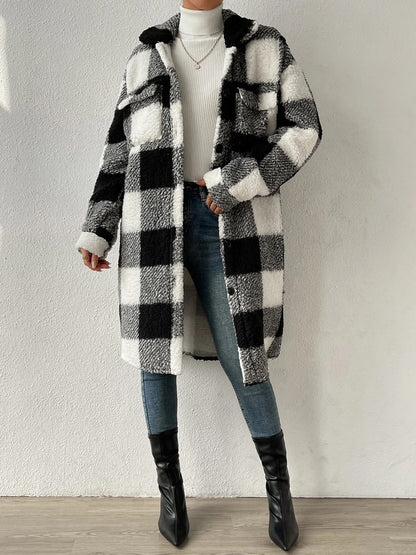 Plaid Collared Neck Button Down Coat Black Easy Apparels