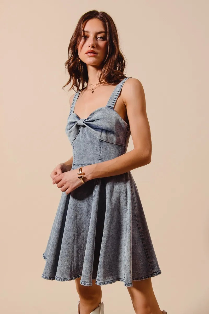 SO ME Mineral Washed Bow Ribbon Denim Flare Dress Easy Apparels