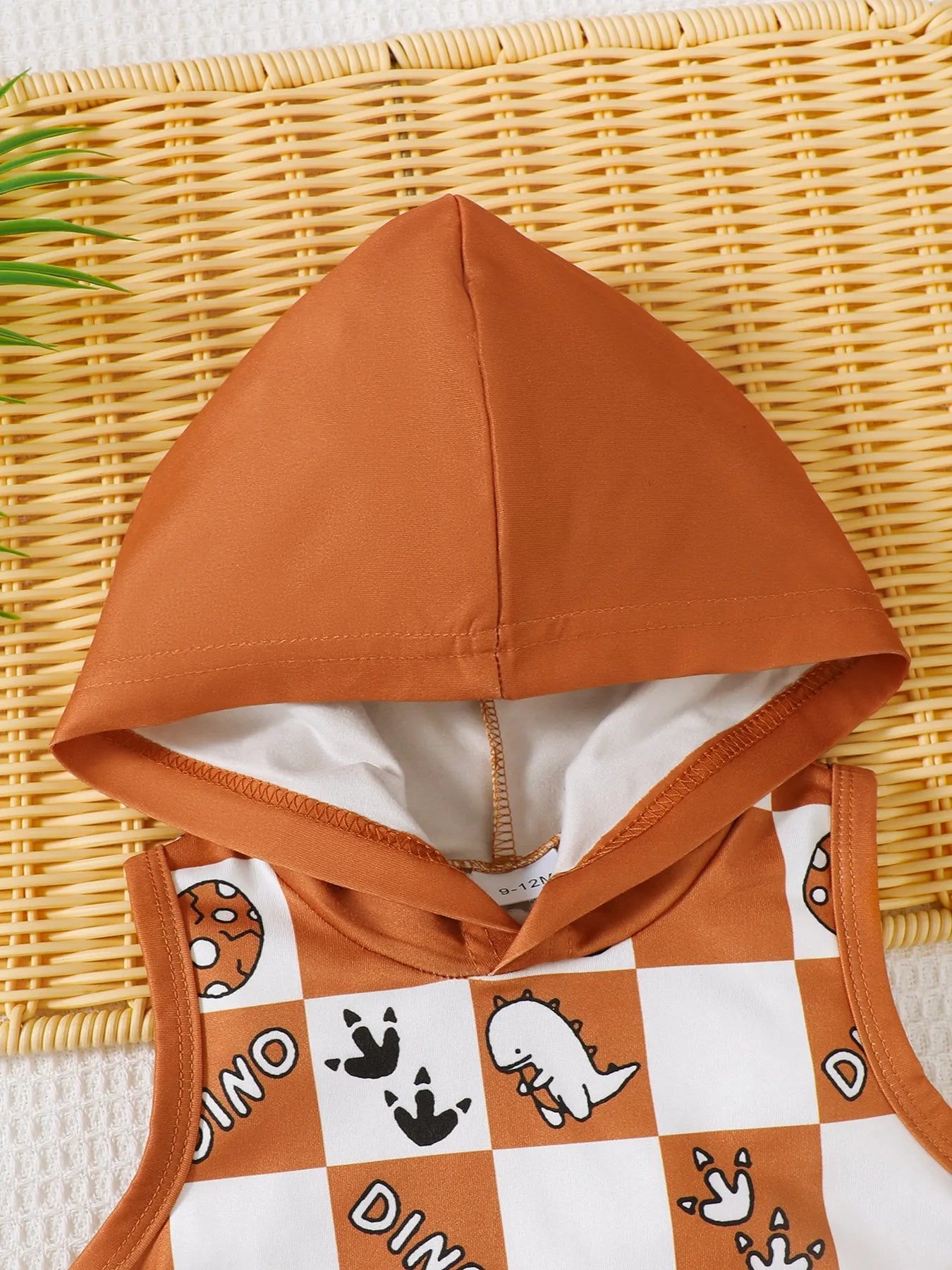 Children's Dinosaur Checkered Sleeveless Hooded Top and Shorts Set Easy Apparels
