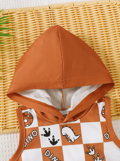 Children's Dinosaur Checkered Sleeveless Hooded Top and Shorts Set Easy Apparels