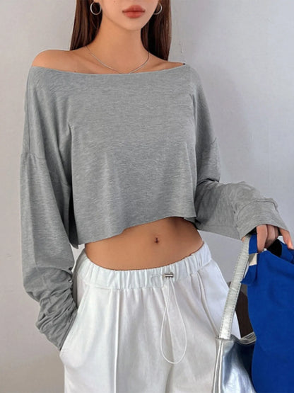 Trendsi Boat Neck Long Sleeve T-Shirt Gray