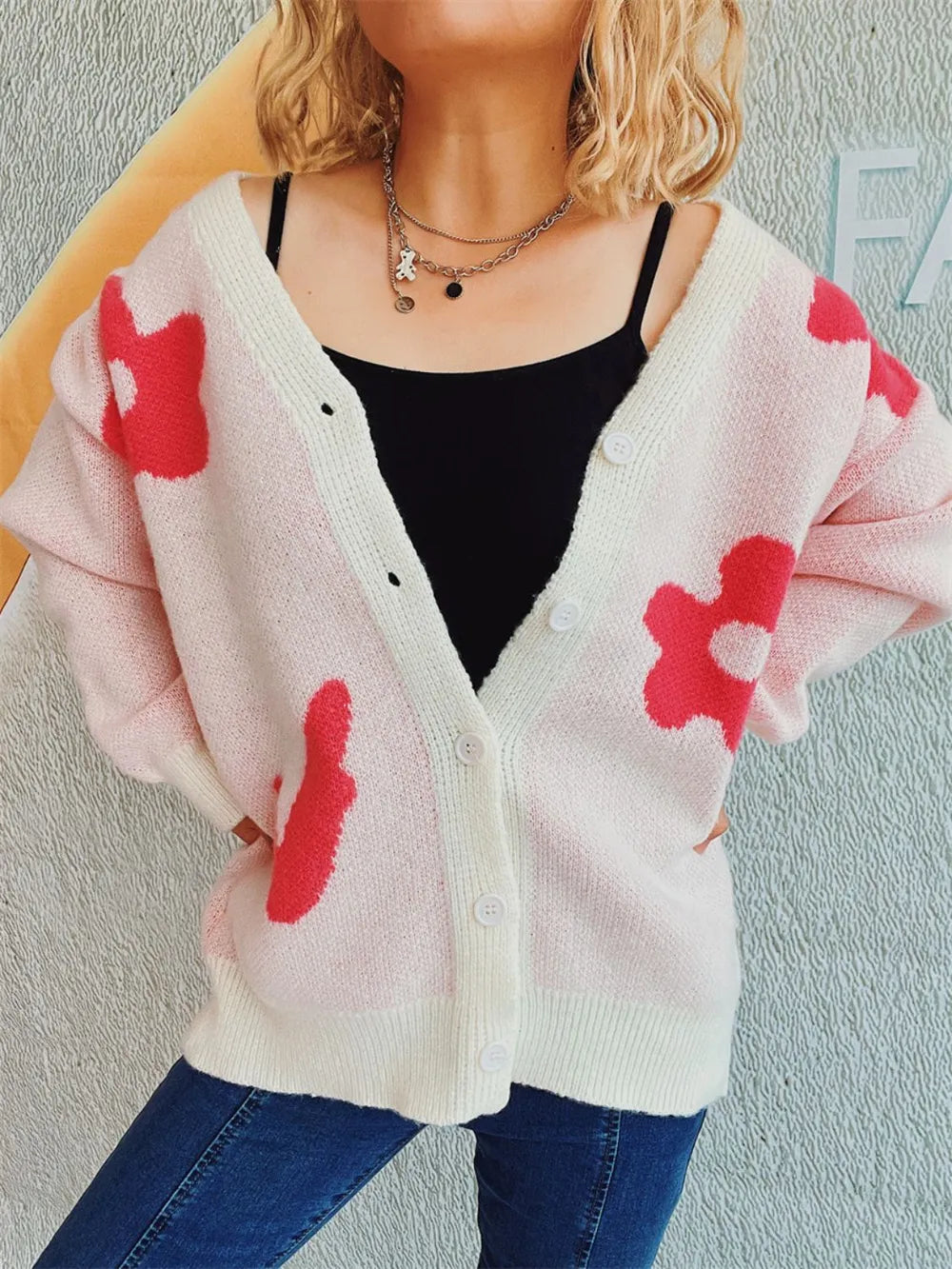 Flower Button Down V-Neck Long Sleeve Cardigan Easy Apparels