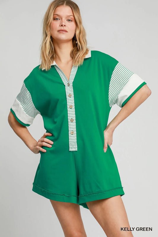 Umgee French Terry Collared Colorblock Romper KELLY GREEN Easy Apparels