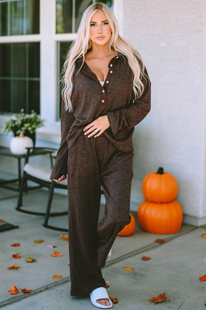 Buttoned Long Sleeve Top and Long Pants Lounge Set Brown Easy Apparels
