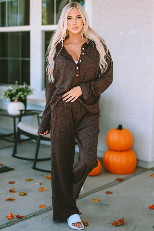 Buttoned Long Sleeve Top and Long Pants Lounge Set Brown Easy Apparels