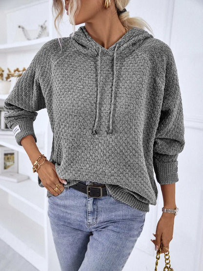 Texture Drawstring Long Sleeve Hooded Sweater Charcoal Easy Apparels