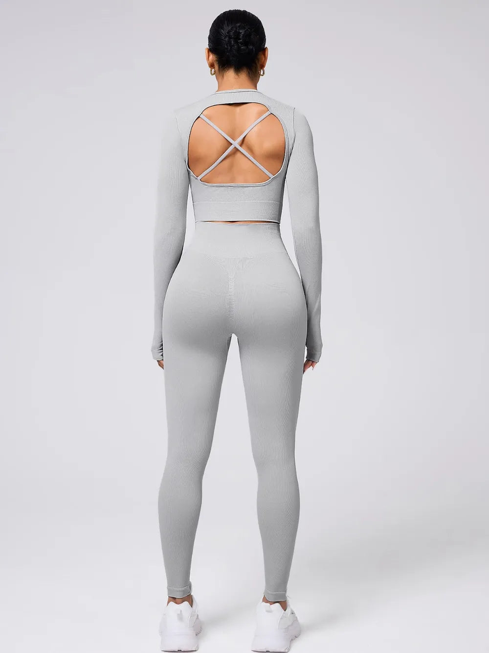 Back Crisscross Round Neck Long Sleeve Top and Leggings Active Set Easy Apparels