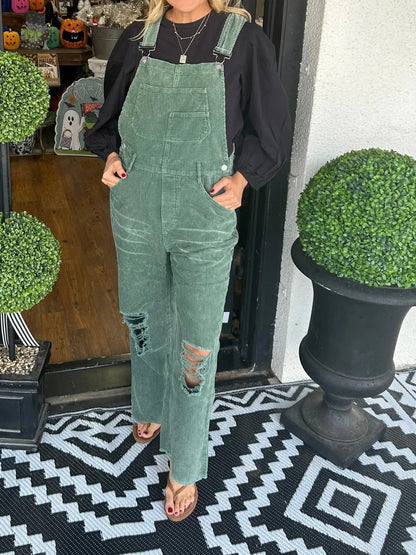 Distressed Wide Leg Corduroy Overalls Green Easy Apparels