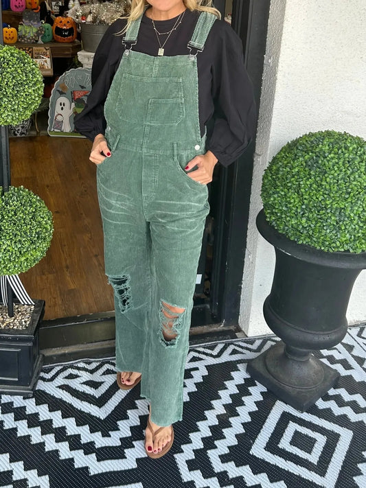 Distressed Wide Leg Corduroy Overalls Green Easy Apparels