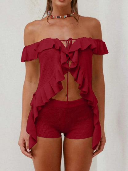 Off-Shoulder Ruffle Top and Shorts Sweater Set Easy Apparels