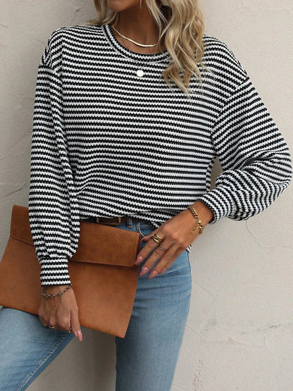 Trendsi Striped Round Neck Lantern Sleeve Top Black
